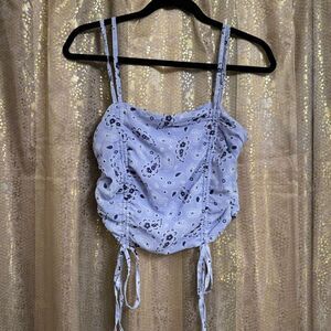 Sugar Thrillz Lavender Purple Paisley Ruched Tie Crop Top Large NWT